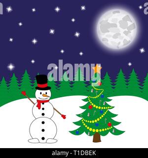 snowman decorated Christmas tree in the fairy forest Stock Vector