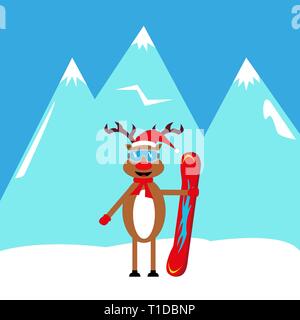 cartoon deer snowboarder in the mountains Stock Vector