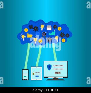 Business technology device access cloud internet with safety information Stock Vector