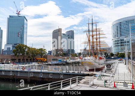 Sail Training Ship Nippon Maru being repaired at Yokohama Dock Company, Ltd. No.1 Dock,  Nishi-Ku, Yokohama City, Kanagawa Prefecture, Japan Stock Photo