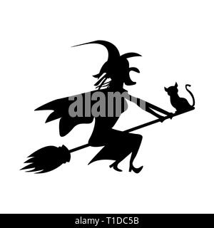 witch and cat are flying on a broomstick Stock Vector