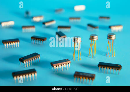 radio components and microcircuits on a blue background, long shadows Stock Photo