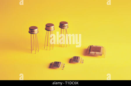 radio distributions and microcircuits on a yellow background, long shadows Stock Photo