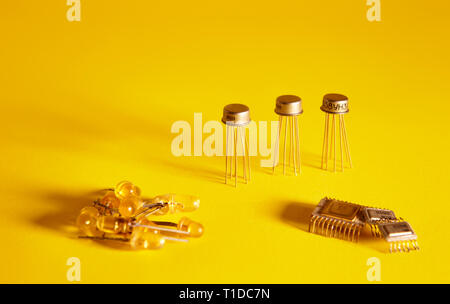 radio distributions and microcircuits on a yellow background, long shadows Stock Photo