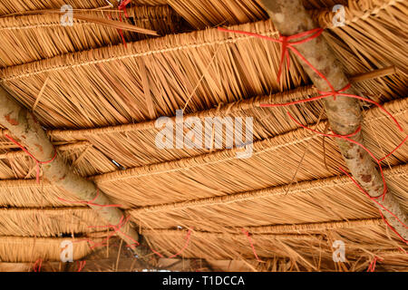 Thatched straw roof. Beach umbrella close up view. Stock Photo