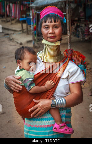 Long neck woman with her child (Kayan tribe) Stock Photo