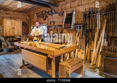 Carpenter works and educates in Westfield Heritage Village near Hamilton, Ontario, Canada Stock Photo