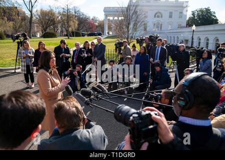 White House Press Secretary Sarah Huckabee Sanders speaks with reporters Monday morning on the driveway outside the West Wing entrance to the White House March 25, 2019 in Washington, D.C. Sanders who rarely speaks to the media went on the attack in the wake of the special counsel findings that there was no collusion between the Trump campaign and the Kremlin. Stock Photo
