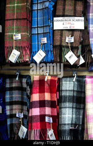 Scarves with tartan patterns, Edinburgh, Scotland, United Kingdom Stock Photo