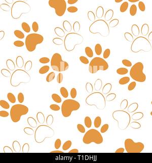 backdrop with silhouettes of cat or dog footprint.orange Vector illustration animal paw track pattern. Paw print seamless. Stock Vector