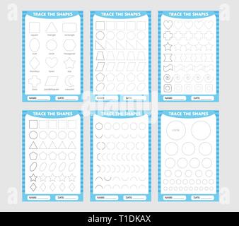 learning for children, drawing tasks. blue set of trace the geometric shapes around the contour. Stock Vector