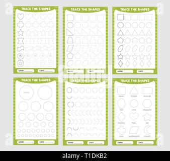 learning for children, drawing tasks. green set of trace the geometric shapes around the contour. Stock Vector