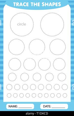 learning for children, drawing tasks. trace the geometric circles shapes around the contour. Stock Vector