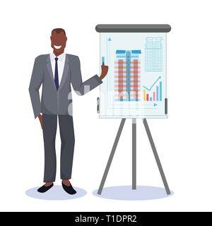 man architect african american engineer showing new drawing building on easel board panning project concept house blueprint horizontal full length Stock Vector