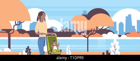 young mother and newborn baby boy in stroller walking urban park african american woman pushing pram with child happy motherhood concept cityscape Stock Vector