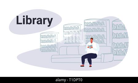 casual obese man sitting on couch in library overweight student reads book education knowledge concept bookshelf reading room interior male character Stock Vector