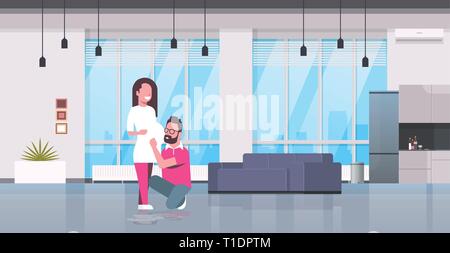 husband on knee listening his pregnant wife belly couple man woman young family pregnancy and parenthood concept modern living room interior full Stock Vector