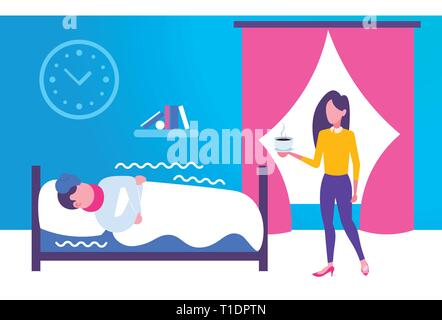 young woman bringing hot drink to her sick husband lying covered with blanket in bed at home bedroom interior ill man having flu virus illness concept Stock Vector