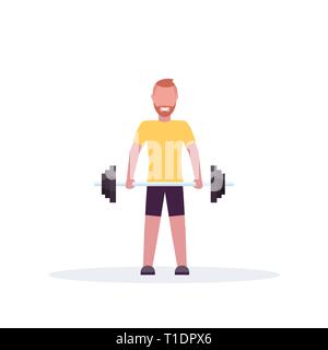 sporty man lifting barbell with weights bodybuilder training in gym work out healthy lifestyle concept standing pose flat white background Stock Vector