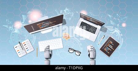 robot developer at workplace web site design development program coding concept top angle desktop view robotic humanoid using digital devices Stock Vector
