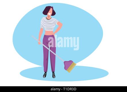 woman housewife cleaning floor smiling girl holding broom housework and household concept female cartoon character full length flat horizontal Stock Vector
