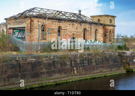 Abandoned and disused Pump house at Govan Graving docks, Govan, River Clyde, Glasgow, Scotland, UK Stock Photo