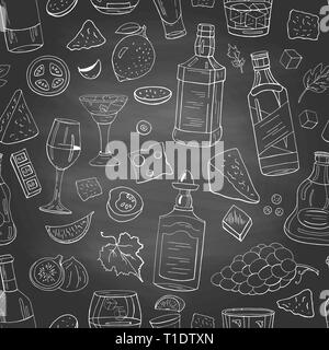 Hand drawn alcohol and drinks elements on chalkboard.  Stock Vector