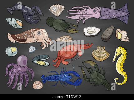 Hand drawn different seafood colored on black background Stock Vector