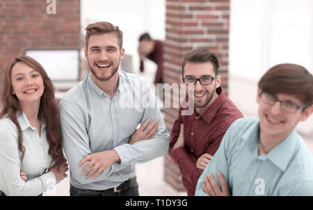 Smiling american team discussing business project during coffee  Stock Photo