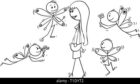 Cartoon stick figure drawing conceptual illustration of attractive beautiful young woman and group of loving swains flying around her like butterflies. Stock Vector