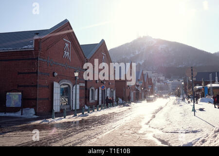 late afternoon of KANEMORI RED BRICK WAREHOUSE in Hakodate, Hokkaido, Japan Stock Photo