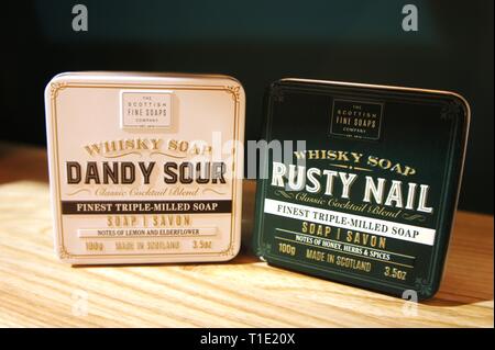 dandy sour and rusty nail. Whisky Cocktail Soaps in a Tin. Scottish Fine Soaps. Stock Photo