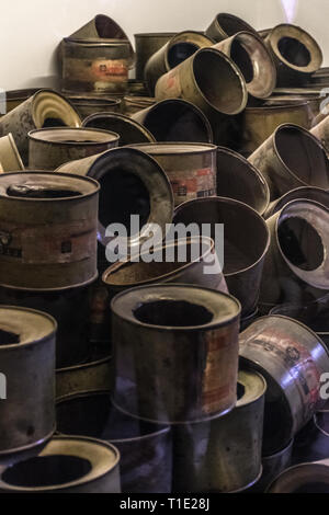 Empty cans of Cyclon B gas in Auschwitz, a former Nazi extermination cam Stock Photo