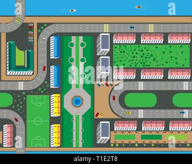 Top view of the city from the streets, roads, houses, and cars. Vector illustration. Stock Vector