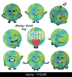 Set of cute cartoon Earth globe with emotions. Vector illustration for your design Stock Vector