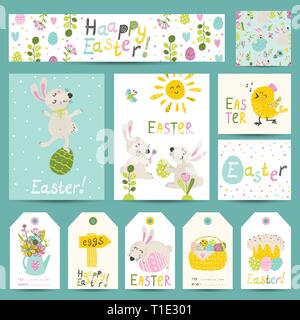 Set of Easter gift labels, cards with cartoon Easter bunnies, eggs, flowers. Vector illustration for your design Stock Vector