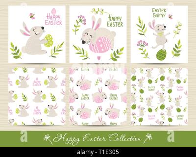 Set of Easter seamless patterns and cards. Vector illustration for your design Stock Vector