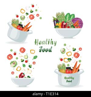Set of concepts with vegetables flying into a pan and a plate. Stock Vector