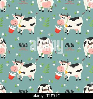 Seamless pattern with farm cows and milk bottle Stock Vector