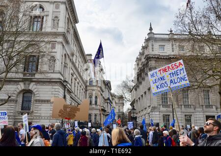 scenes from the anti brexit pro peoples vote march in london 23rd march 2019 hey theresa leave them kids alone Stock Photo