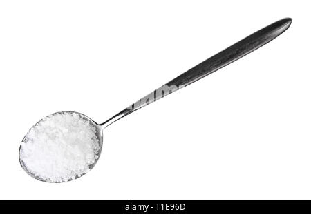top view of tablespoon with coarse grained Sea Salt isolated on white background Stock Photo