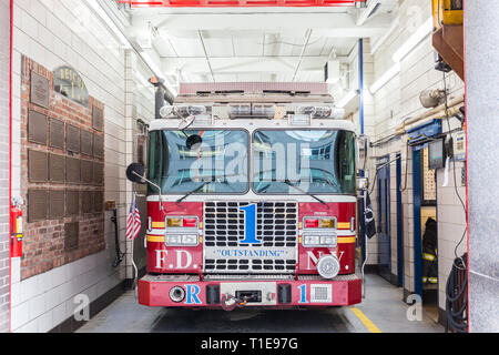 New York fire department trucks parked in fire station on 18th of May, 2018 in New York City, USA. Stock Photo