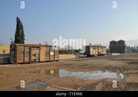 Old train wagon at the Recently restored Ottoman railway station at Tzemach (Samakh) on the southern shores of the Sea of Galilee, Israel (Inaugurated Stock Photo