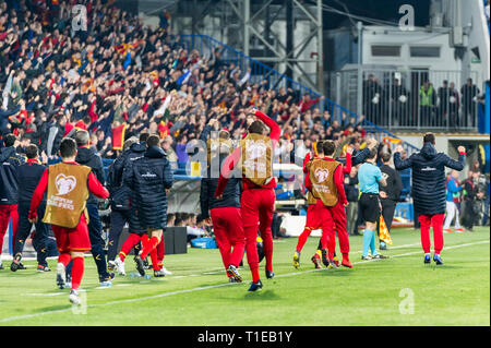 Podgorica, Montenegro. 26th Mar, 2019. Euro2020 Qualifications Group A fans and national team of Montengro bench celebrating goal against England Credit: Stefan Ivanovic/Alamy Live News Stock Photo
