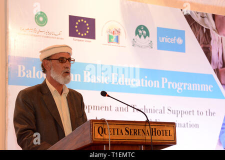 Quetta, Pakistan. 26th Mar, 2019. QUETTA-PAKISTAN, March 26, 2019: Director Schools Balochistan Mr. Muneeb Khan Addressing to closing ceremony of Capacity Development and Technical Support to Balochistan Assessment and Examination Commission. Organized by Agha Khan University Examination Board in collaboration with Government of Balochistan, UNICEF and European Union Credit: Pakiza Khan/ZMA Photos/Alamy Live News Stock Photo