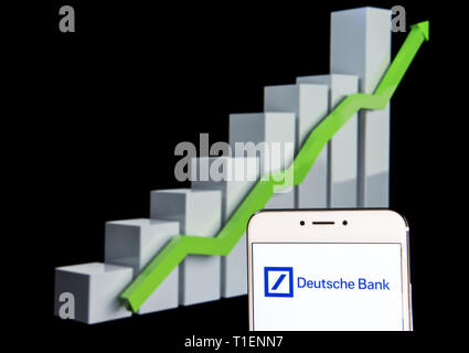 Hong Kong. 11th Feb, 2019. In this photo illustration a German investment bank and financial services Deutsche Bank logo is seen on an android mobile device with an ascent growth chart in the background. Credit: Budrul Chukrut/SOPA Images/ZUMA Wire/Alamy Live News Stock Photo