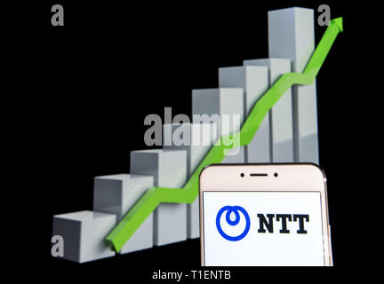 Hong Kong. 11th Feb, 2019. In this photo illustration a Japanese telecommunications company The Nippon Telegraph and Telephone Corporation (NTT) logo is seen on an android mobile device with an ascent growth chart in the background. Credit: Budrul Chukrut/SOPA Images/ZUMA Wire/Alamy Live News Stock Photo