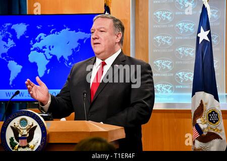 Washington DC, USA. 26th Mar 2019. U.S. Secretary of State Mike Pompeo holds a press briefing at the State Department March 26, 2019 in Washington, D.C. Credit: Planetpix/Alamy Live News Stock Photo