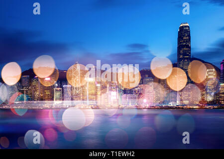 Double exposure with bokeh light in the Hong Kong city Stock Photo