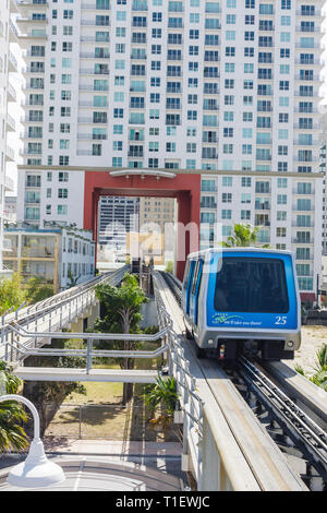 Miami Florida,Metromover,APM,automated people mover,mass transit,elevated track,train,cart,basket,trolley,tunnel,building,urban,FL090306136 Stock Photo
